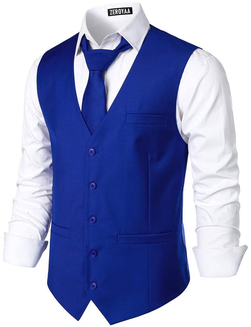 ZEROYAA Men's Hipster Urban Design 3 Pockets Business Formal Dress Vest for Suit Tuxedo ZLSV16 Royal X-Large - Image 2